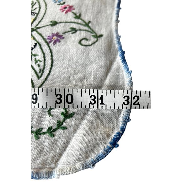 Vintage Hand-Embroidered Floral Table Runner Blue Crocheted Lace Edge 32"x16" - Picture 6 of 9